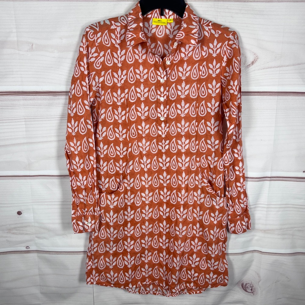 Roberta Roller Rabbit Tunic Dress Women XS Orange Paisley Block Print Cotton